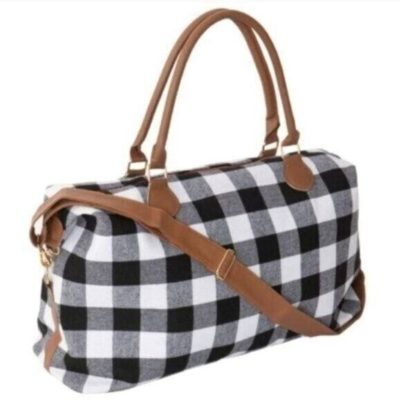 Black & White Buffalo Plaid Weekender Bag With Faux Leather Handles & Adjustable - Picture 1 of 7